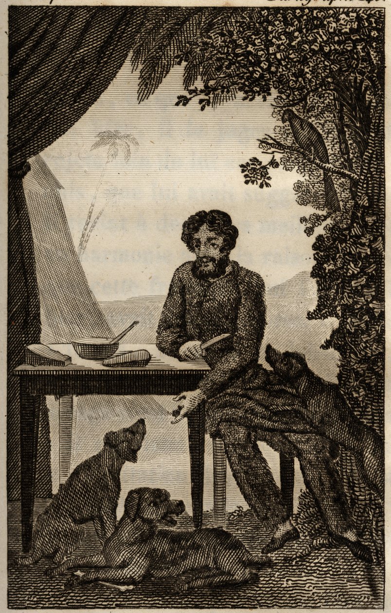 I cani di Robinson Crusoe aspettano che lanci loro dei pezzi da mangiare, incisione inserita in 
