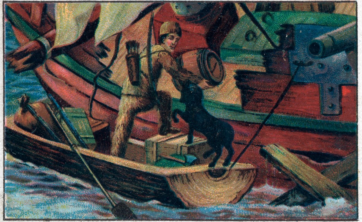 Robinson visita i detriti. Illustrazione per il libro di Daniel Defoe 