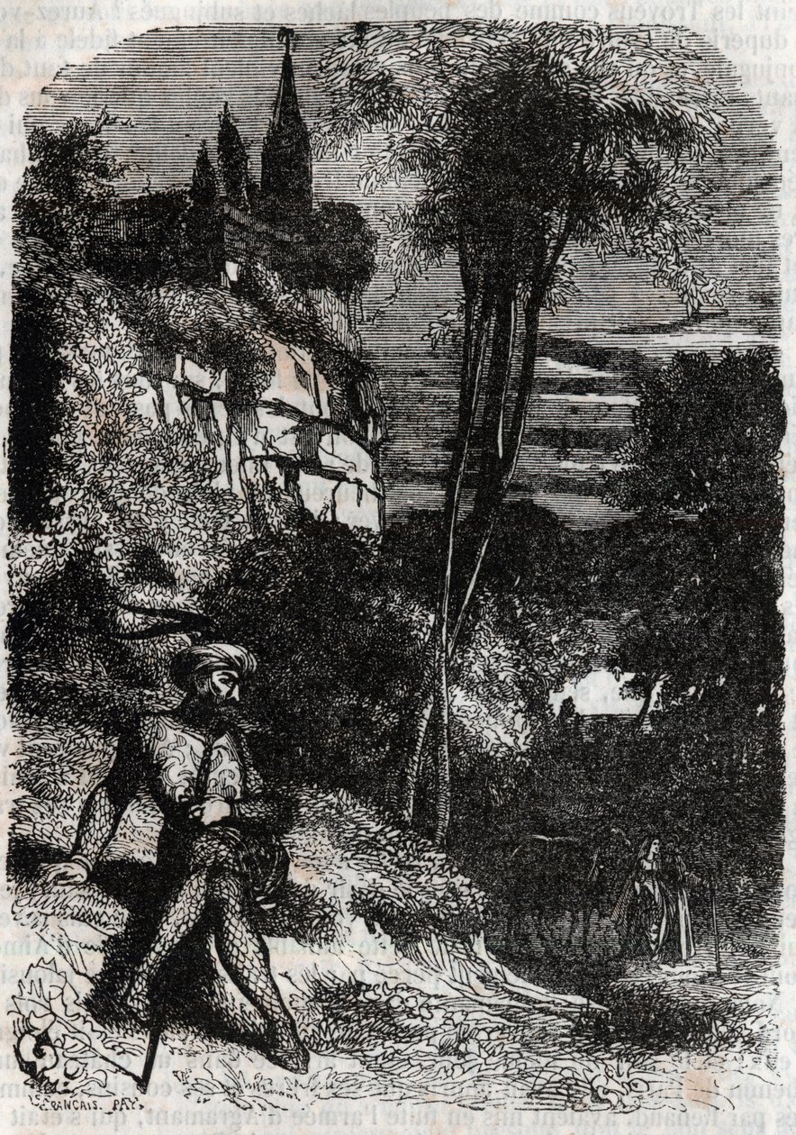 Rodomonte, Isabella e il Vecchio Eremita - incisione del 1851 da "Orlando furioso" (XVI secolo) di Ludovico Ariosto, edizione tradotta dall