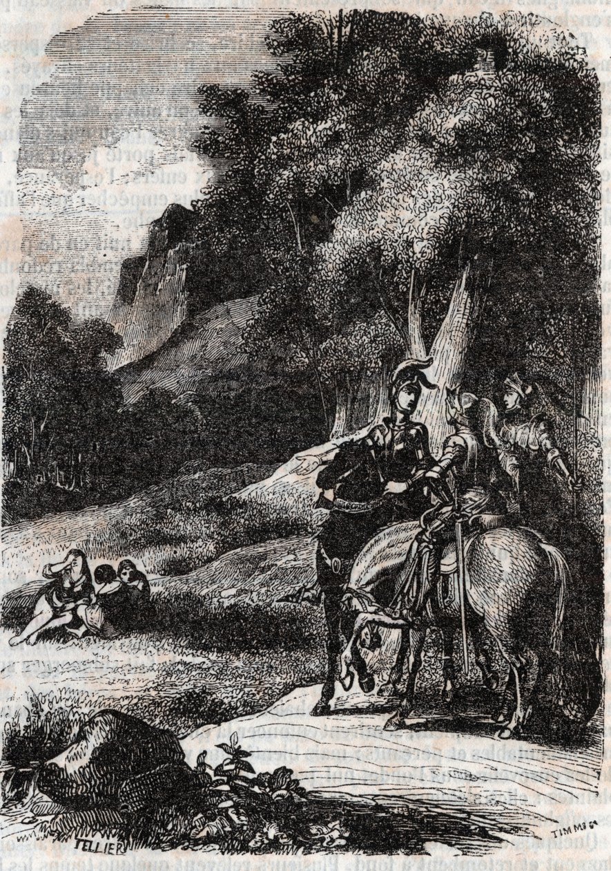 Ruggero, Marfisa e le tre donne - incisione del 1851 da "Orlando furioso" (XVI secolo) di Ludovico Ariosto, edizione tradotta dall