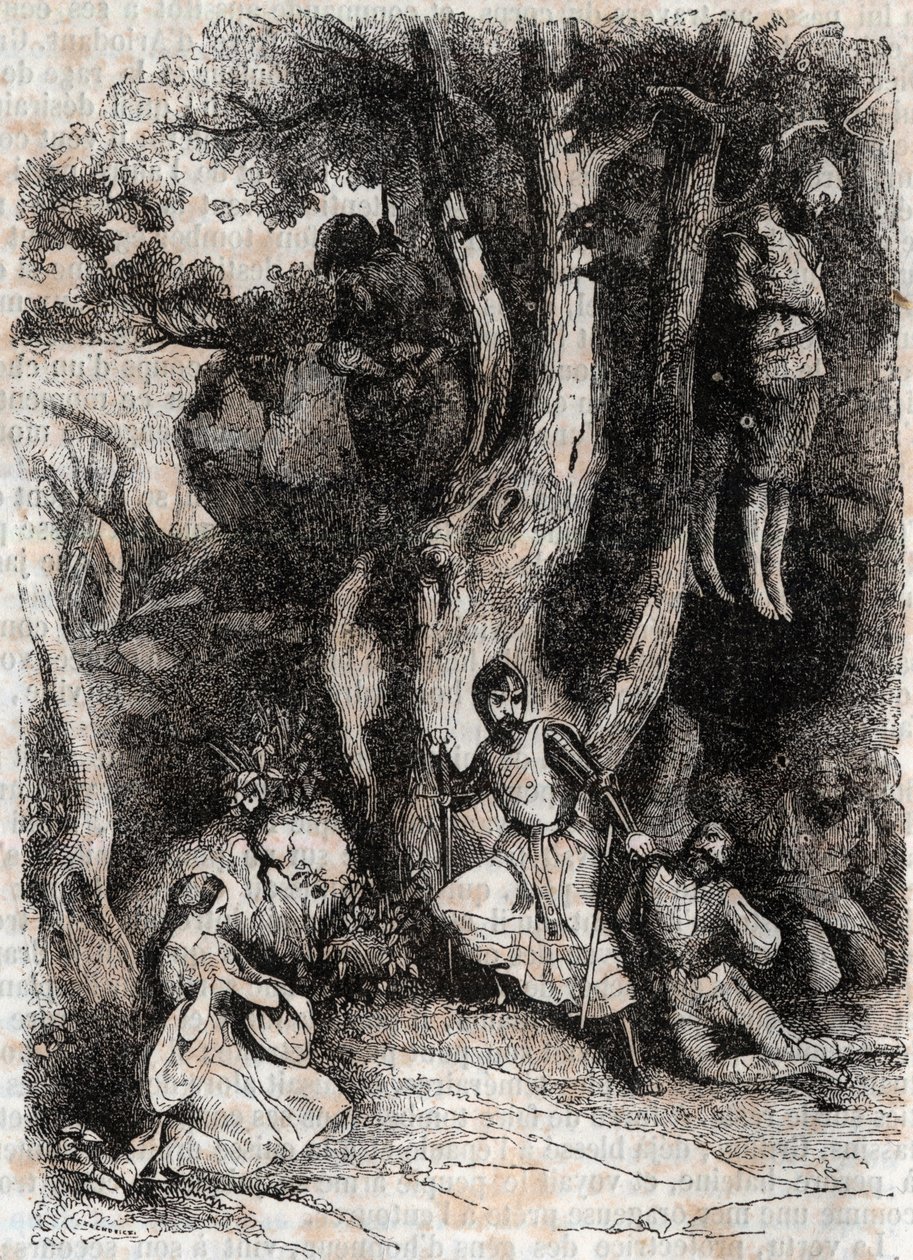 Orlando e i sette briganti della caverna - incisione del 1851 da "Orlando furioso" (XVI secolo) di Ludovico Ariosto, noto come l