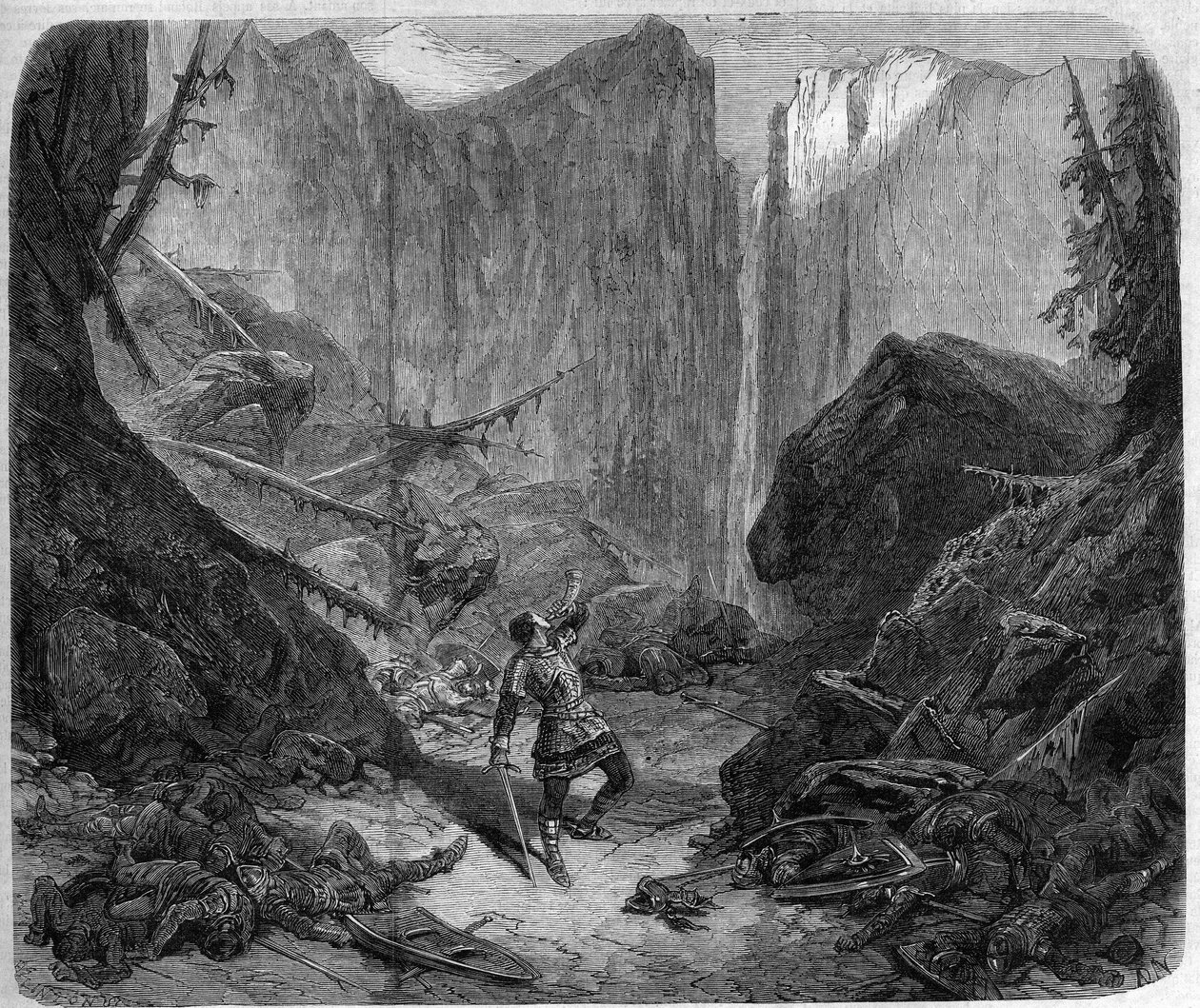 Rolando che soffia nel suo corno alla Battaglia di Roncisvalle il 15 agosto 778. Disegno di Alphonse de Neuville (1836-1885) per l