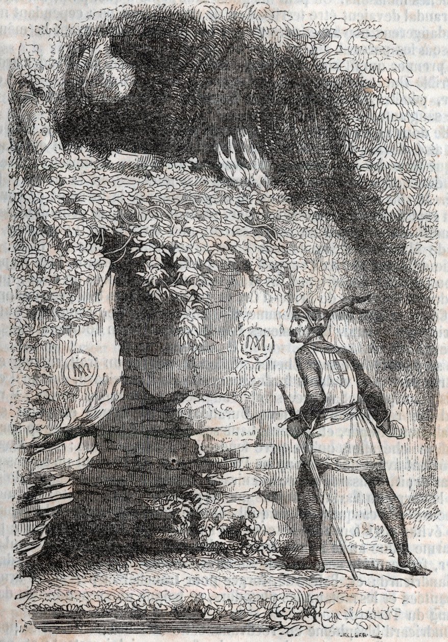 Orlando trova le figure di Medoro e Angelica - incisione del 1851 da "Orlando furioso" (XVI secolo) di Ludovico Ariosto, edizione tradotta dall