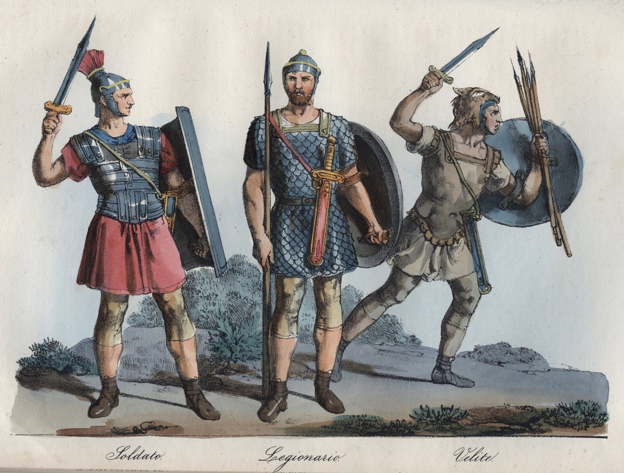Soldato romano - Legionario - Velites (fanteria leggera) - incisione da “Usi e Costumi di Tutti i Popoli dell