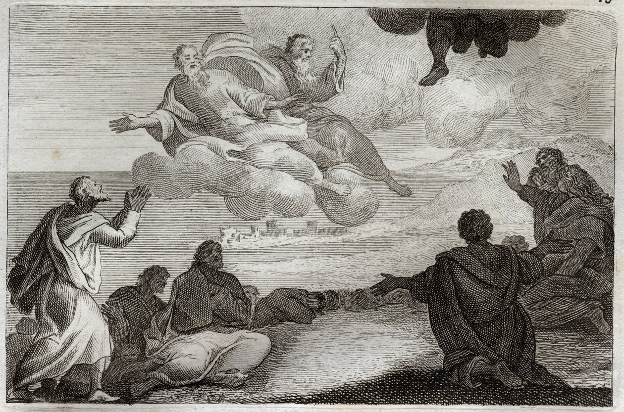 Bibbia di Royaumont, Nuovo Testamento: Ascensione di Gesù Cristo. Cristo viene preso dal Cielo e benedice gli Apostoli prima di scomparire in una nuvola. Illustrazione del 1811. da Unknown artist