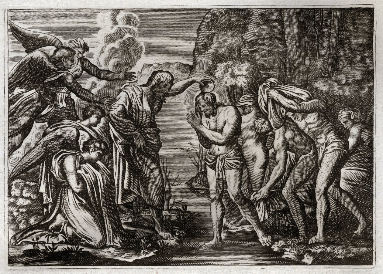 Bibbia di Royaumont, Nuovo Testamento: Battesimo di Gesù Cristo. San Giovanni Battista battezza Gesù Cristo nelle acque del fiume Giordano. Illustrazione del 1811. da Unknown artist