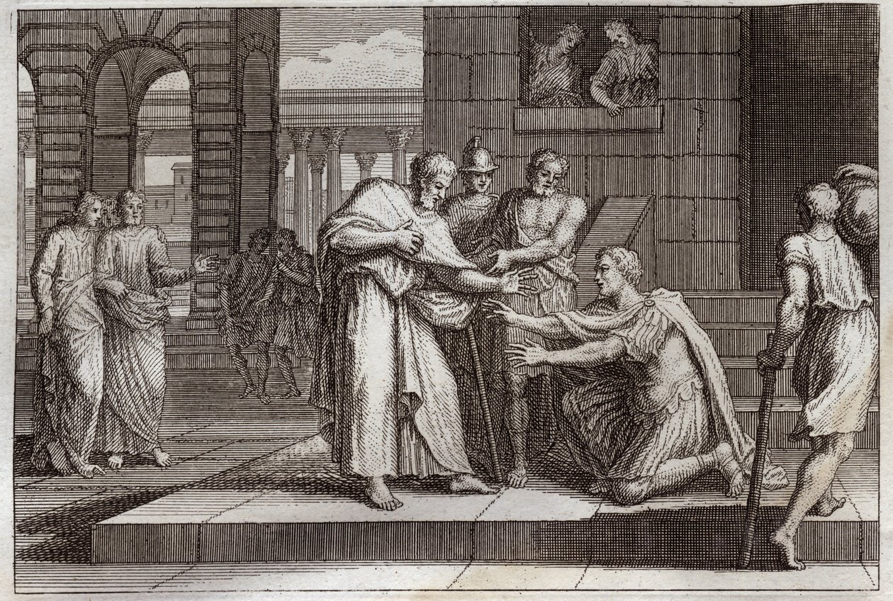 Bibbia di Royaumont, Nuovo Testamento: Cornelio battezza. Cornelio il centurione riceve la fede di Gesù Cristo, e viene battezzato da San Pietro. Illustrazione del 1811 da Unknown artist