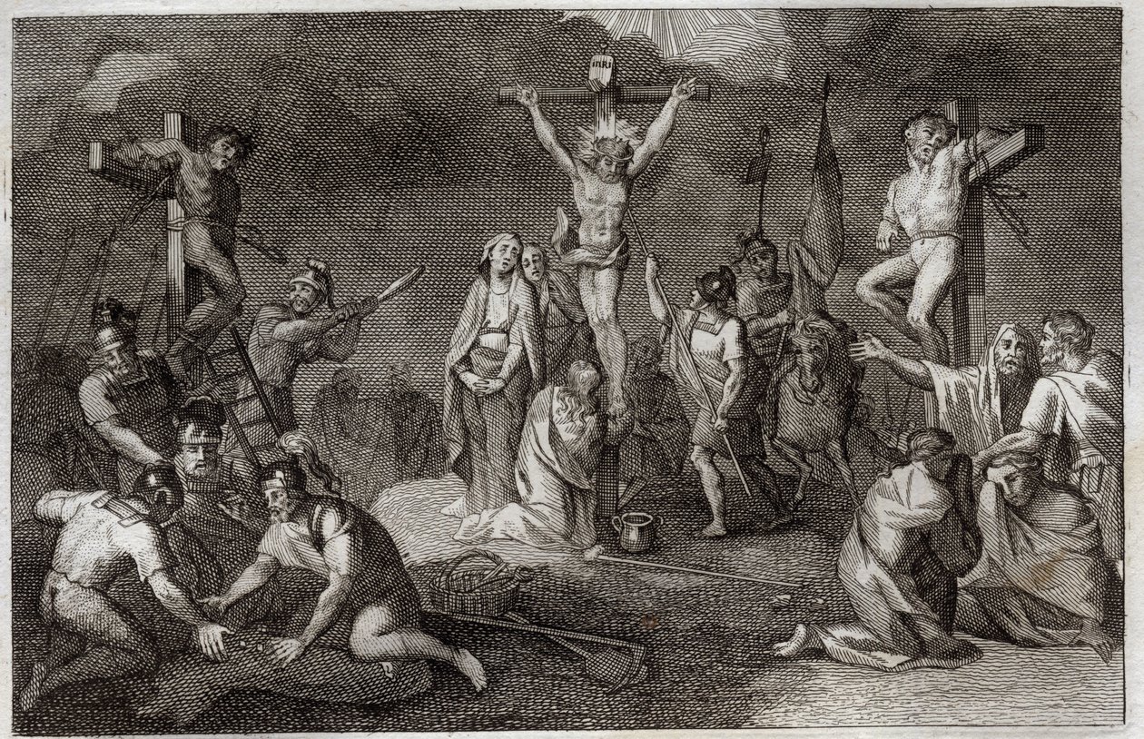 Bibbia di Royaumont, Nuovo Testamento: Crocifissione di Gesù Cristo. La Vergine Maria, Santa Maria Maddalena e San Giovanni ai piedi della croce, San Longino il Centurione (San Longino) con la sua lancia, soldati che giocano la tunica di Cristo. Ai lati, r da Unknown artist