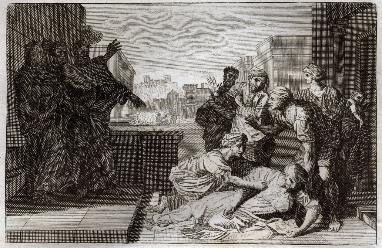 Bibbia di Royaumont, Nuovo Testamento: Morte di Anania e sua moglie Saffira davanti a San Pietro e San Giovanni. Illustrazione del 1811. da Unknown artist