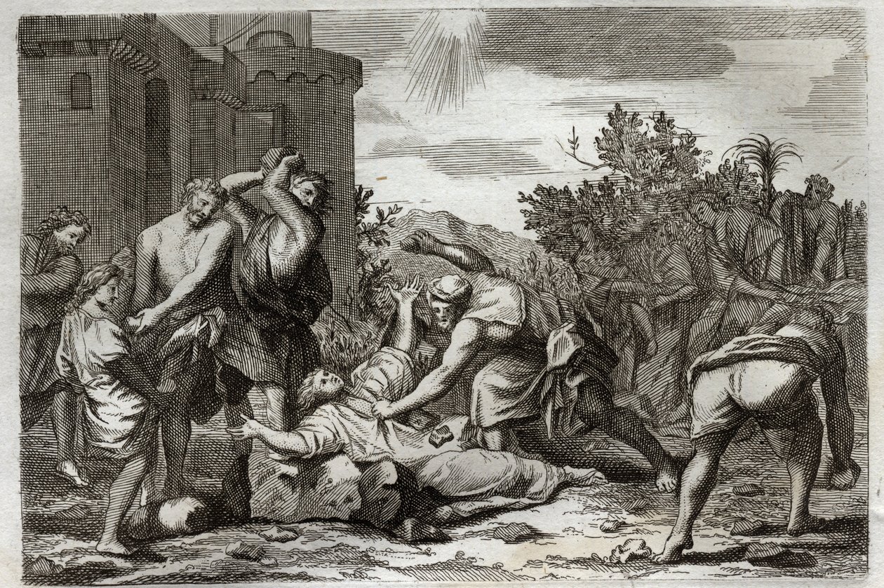Bibbia di Royaumont, Nuovo Testamento: Morte di Santo Stefano, primo martire cristiano, per lapidazione. Illustrazione del 1811. da Unknown artist