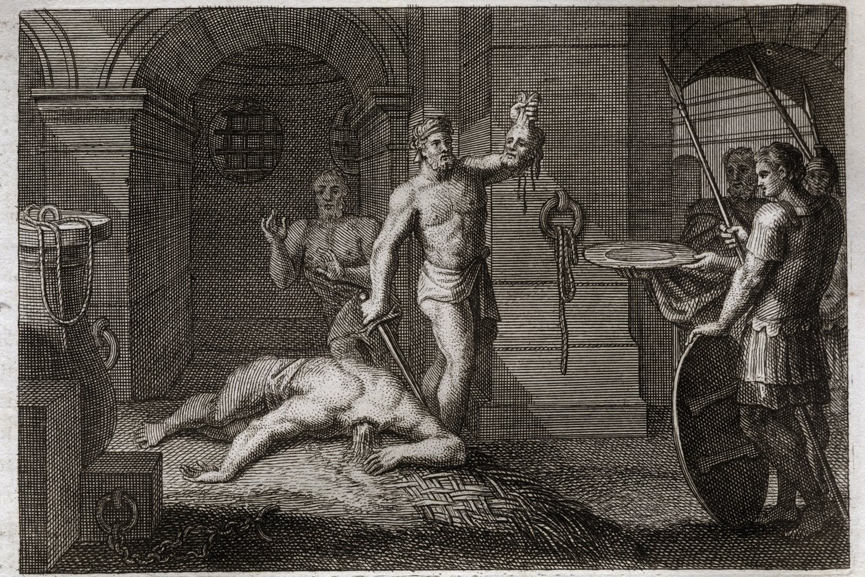 Bibbia di Royaumont, Nuovo Testamento: Decollazione di San Giovanni Battista. Gli si mette la testa su un piatto. Illustrazione del 1811 da Unknown artist