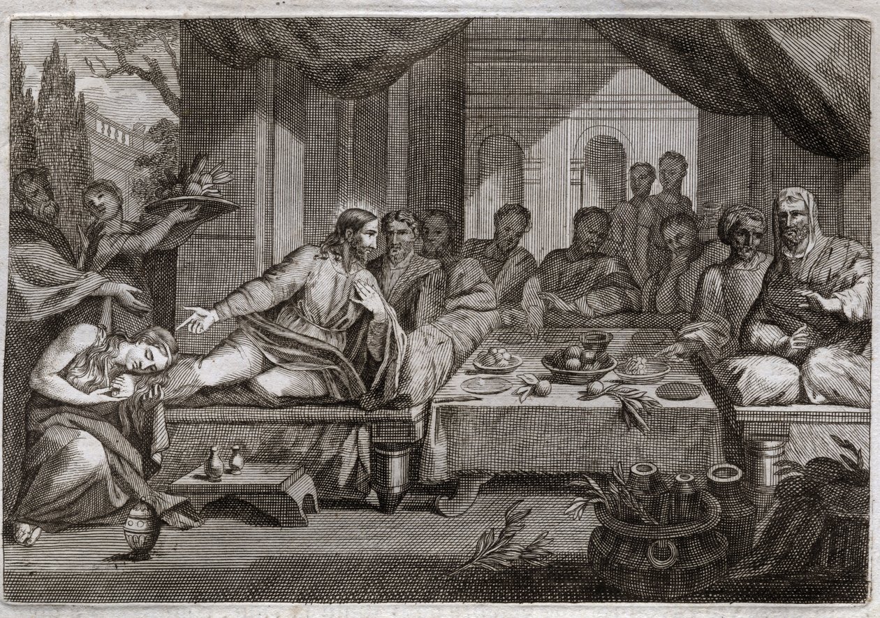 Bibbia di Royaumont, Nuovo Testamento: Cena a casa di Simone il Fariseo. Maria Maddalena va a piangere ai piedi di Gesù Cristo a casa di Simone il Fariseo e ottiene il perdono dei suoi peccati. Illustrazione del 1811 da Unknown artist