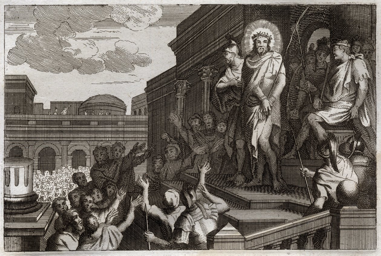 Bibbia di Royaumont, Nuovo Testamento: Ecce homo. Ponzio Pilato (Pontius Pilatius) presenta Gesù Cristo con le spine alla folla dicendo, “Ecco l