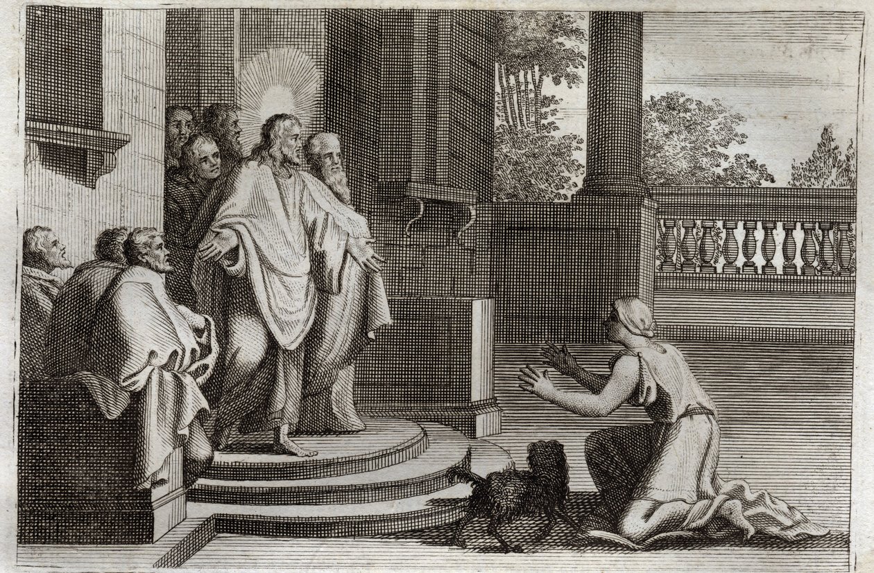 Bibbia di Royaumont, Nuovo Testamento: Gesù Cristo e la moglie di Canaan (La Cananea o la donna straniera). Una contadina chiede al Signore aiuto per guarire sua figlia. Cristo le risponde: “Sono stato inviato solo alle pecore perdute della casa d