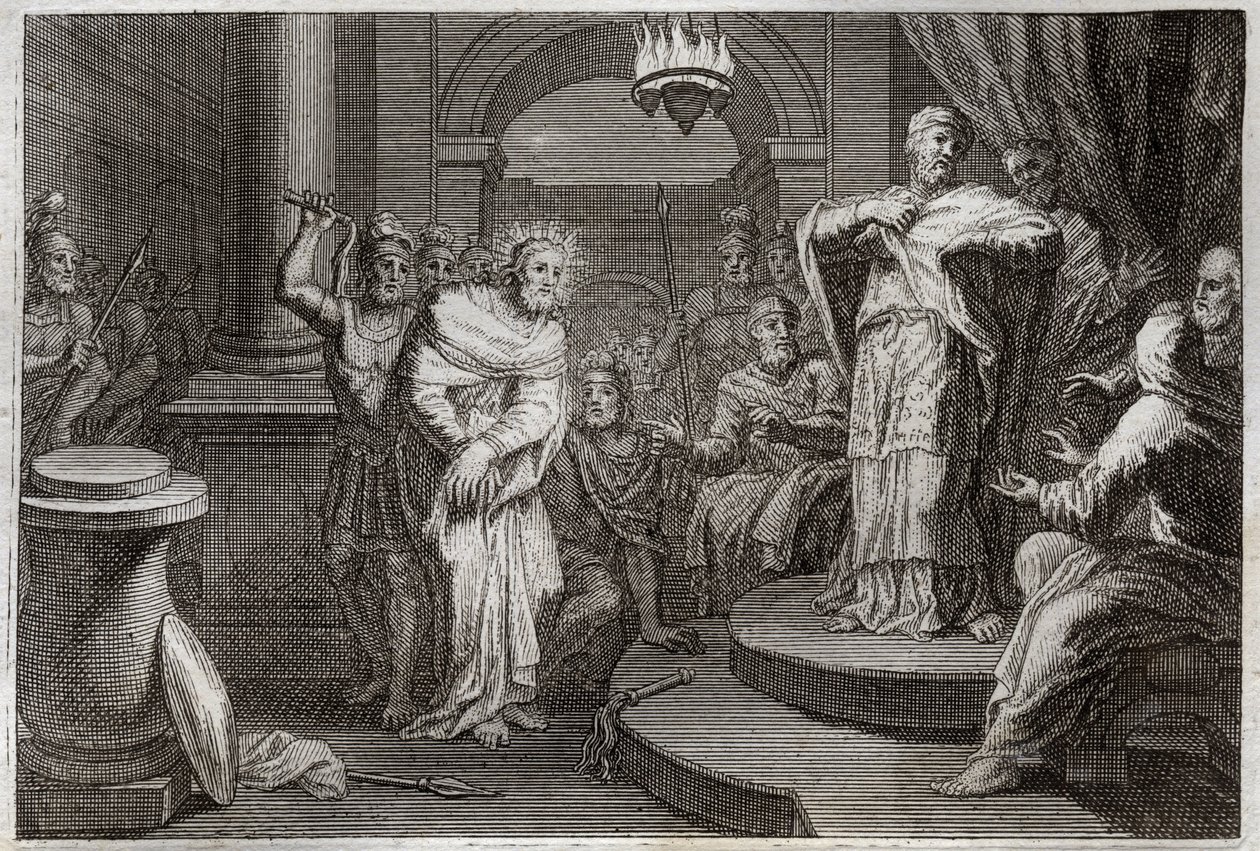 Bibbia di Royaumont, Nuovo Testamento: Gesù Cristo davanti a Caifa e Anna (Hanan o Anne o Hanne). Illustrazione del 1811. da Unknown artist