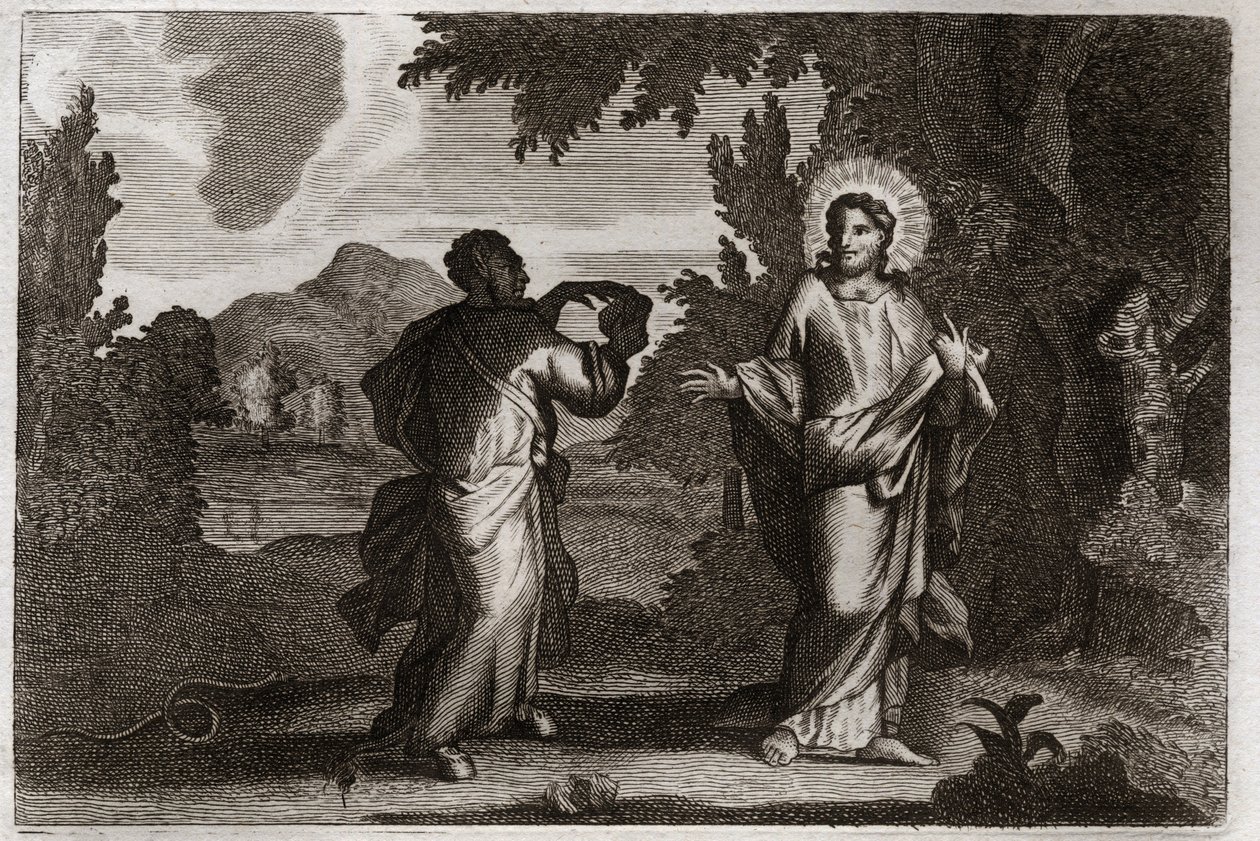 Bibbia di Royaumont, Nuovo Testamento: Gesù Cristo nel deserto. Gesù è condotto nel deserto. Digiuna quaranta giorni e quaranta notti. È tentato dal demonio che lo invita a trasformare le pietre in pane. Illustrazione del 1811 da Unknown artist