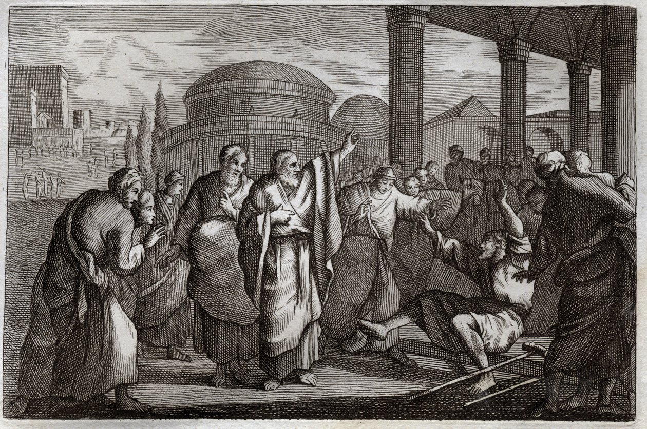 Bibbia di Royaumont, Nuovo Testamento: Guarigione dello zoppo. San Paolo guarisce uno zoppo e ferma un popolo che voleva sacrificargli come un dio. Illustrazione del 1811. da Unknown artist