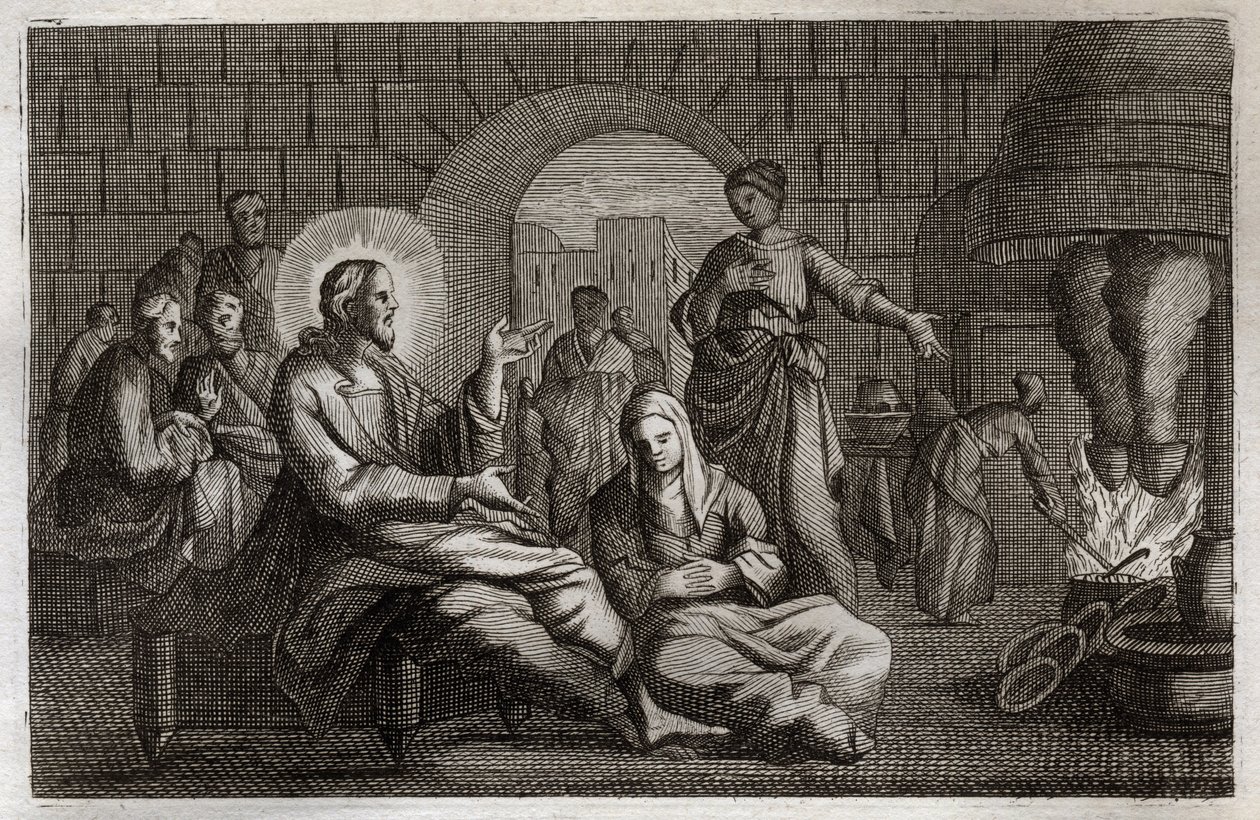 Bibbia di Royaumont, Nuovo Testamento: Marta e Maria. Gesù Cristo entra nella casa di Marta, che si affretta a riceverlo mentre sua sorella, Maria di Betania, ascolta la sua parola. Illustrazione del 1811. da Unknown artist