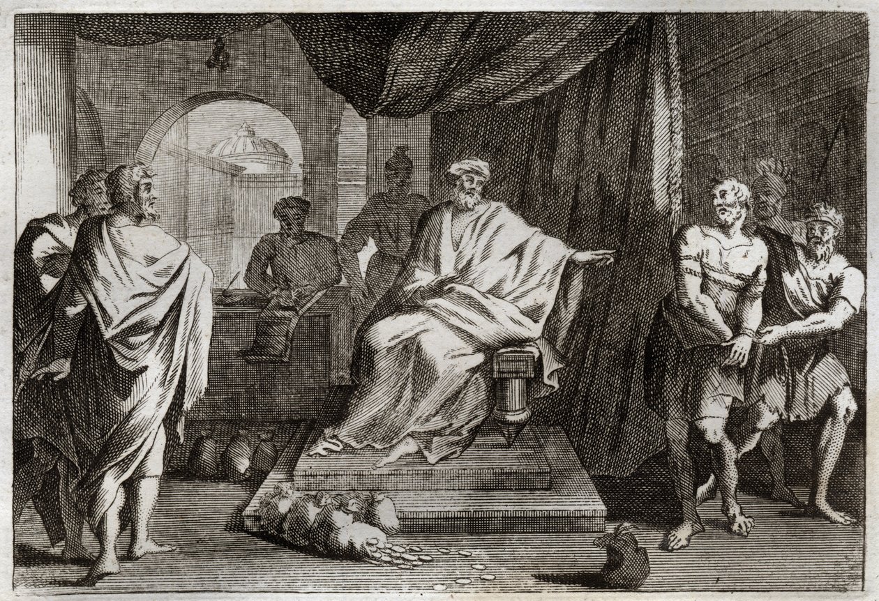 Bibbia di Royaumont, Nuovo Testamento: Parabola dei talenti. Un padrone punisce uno dei suoi servi che ha nascosto il denaro che gli aveva dato. Illustrazione del 1811 da Unknown artist