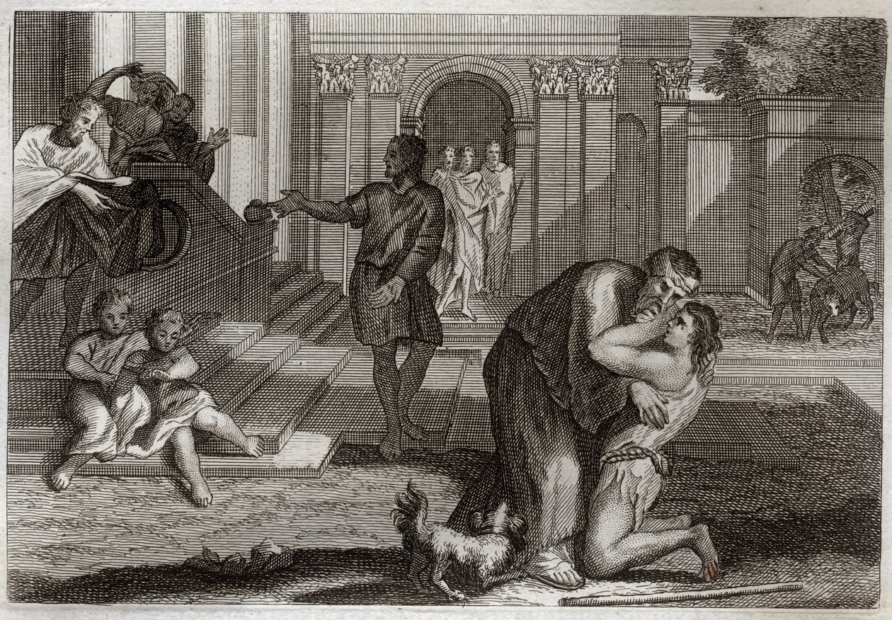 Bibbia di Royaumont, Nuovo Testamento: Parabola del Figliol Prodigo. Il figlio ritorna a casa dopo aver perso tutti i suoi beni. Viene a chiedere perdono a suo padre. Illustrazione del 1811. da Unknown artist