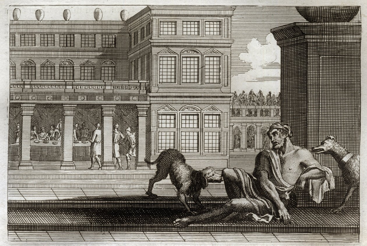 Bibbia di Royaumont, Nuovo Testamento: Parabola del ricco malvagio e di Lazzaro. Illustrazione del 1811. da Unknown artist