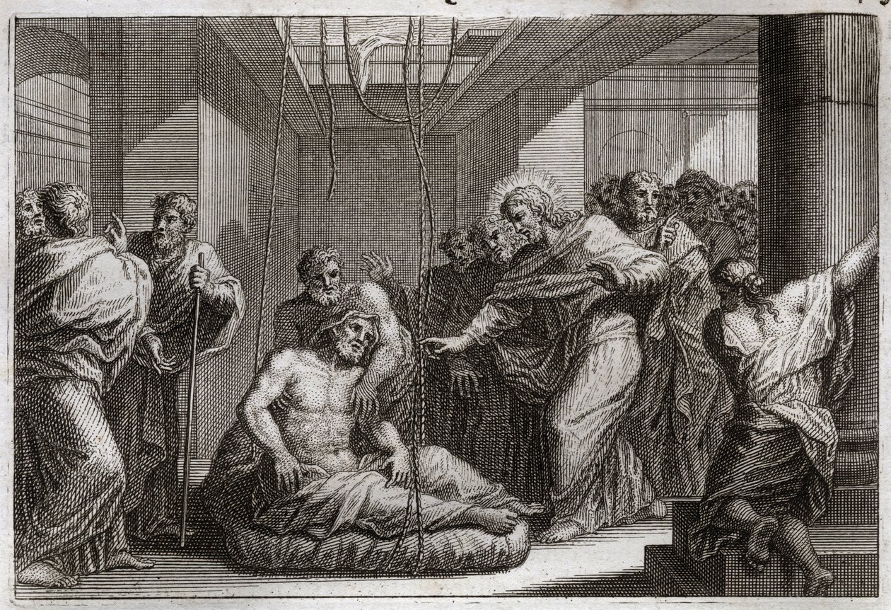 Bibbia di Royaumont, Nuovo Testamento: Paralitico. Gesù Cristo chiama San Matteo e guarisce un paralitico a Cafarnao. Illustrazione del 1811. da Unknown artist