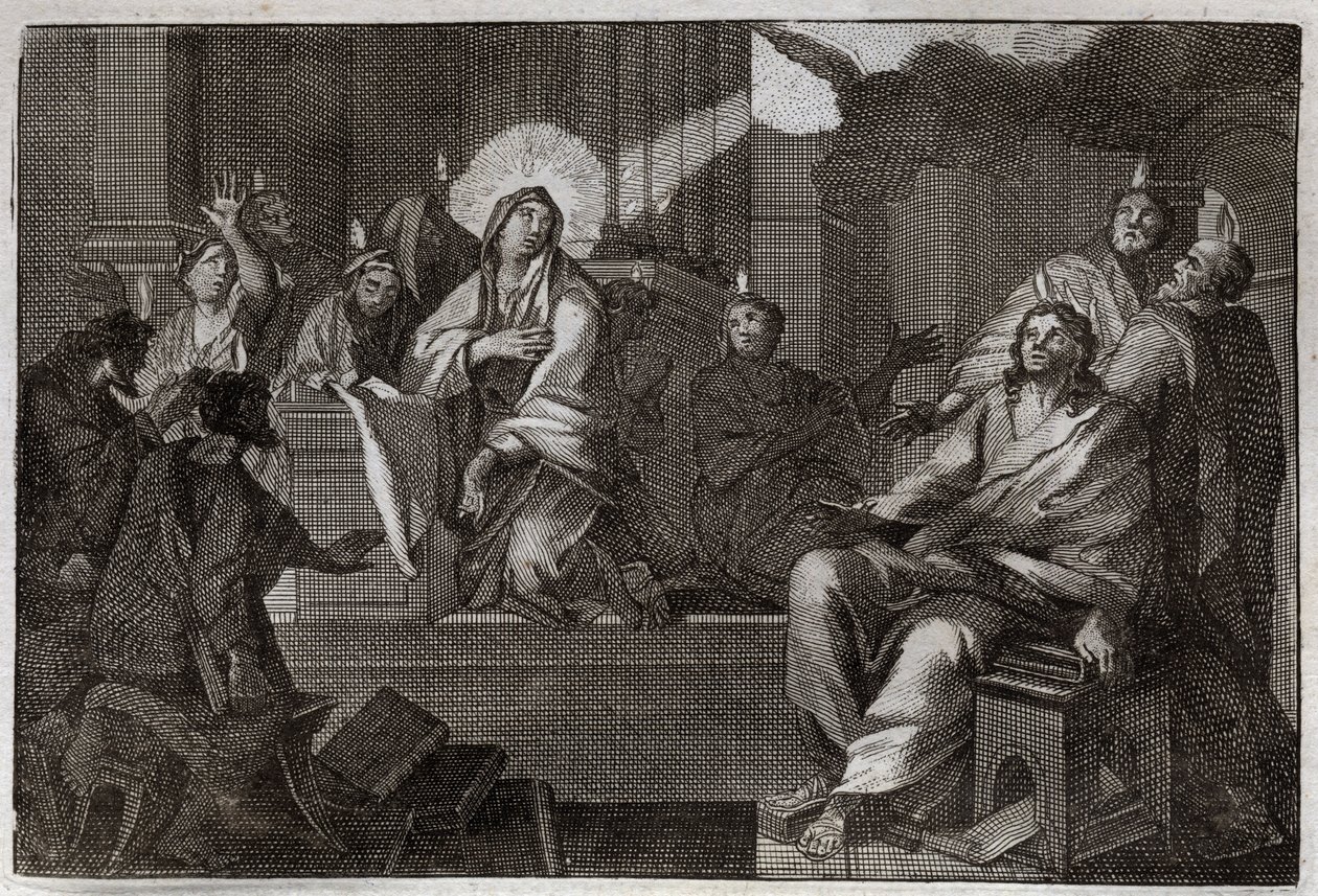 Bibbia di Royaumont, Nuovo Testamento: Pentecoste. Lo Spirito Santo scende sulla Vergine Maria e sugli Apostoli. Illustrazione del 1811. da Unknown artist