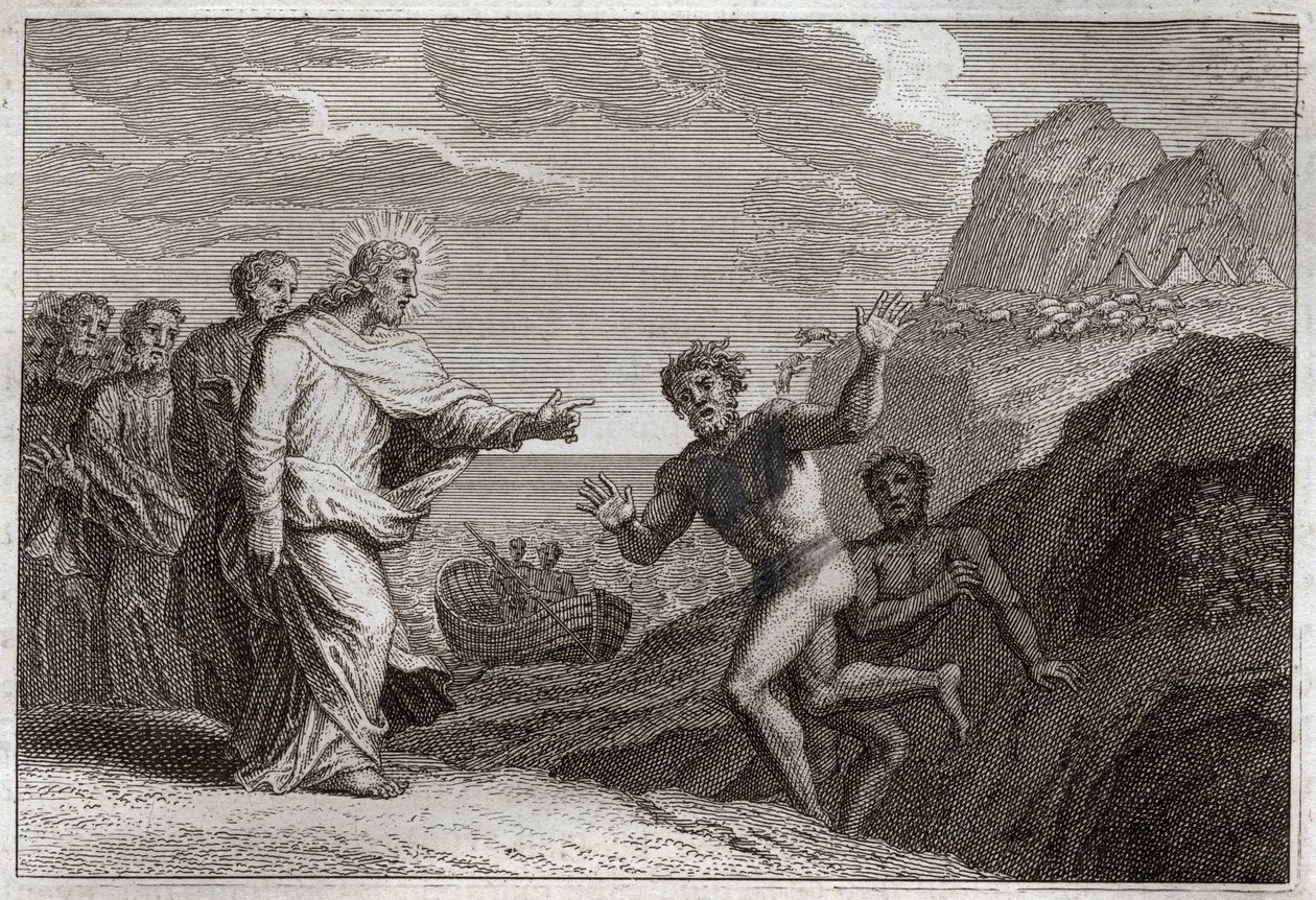 Bibbia di Royaumont, Nuovo Testamento: Guarigione del posseduto. Gesù Cristo guarisce un posseduto che il demonio aveva reso furioso. Illustrazione del 1811. da Unknown artist