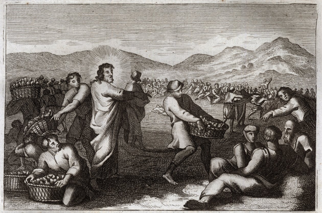 Bibbia di Royaumont, Nuovo Testamento: Moltiplicazione dei pani. Gesù Cristo moltiplica cinque pani e sfama cinquemila uomini. Illustrazione del 1811. da Unknown artist