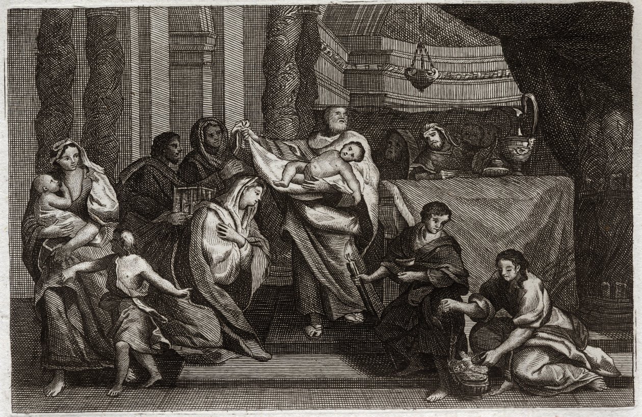 Bibbia di Royaumont, Nuovo Testamento: Purificazione della Vergine o presentazione al Tempio. La Sacra Famiglia offre Gesù Cristo al Tempio e lo consegna a Simeone. Una donna tiene due colombe in un cesto. Illustrazione del 1811. da Unknown artist