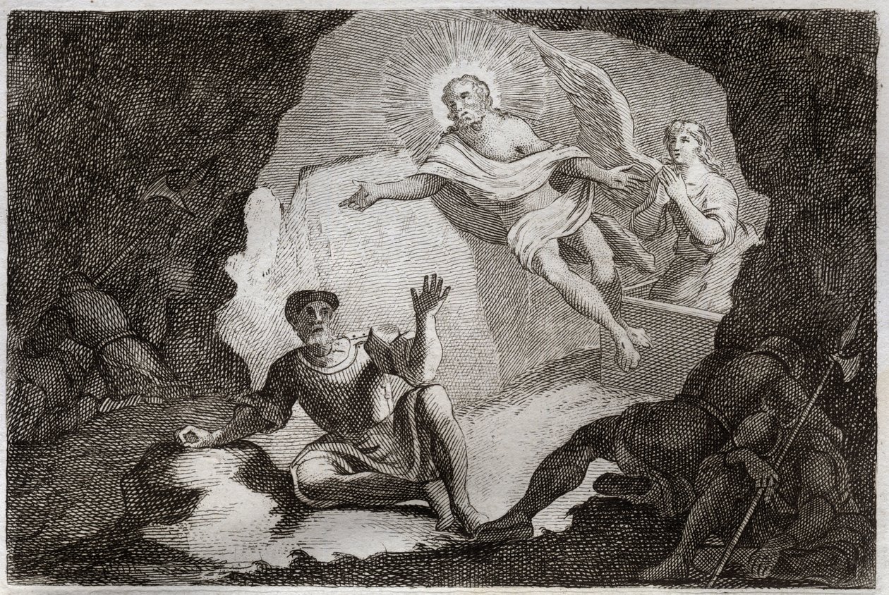Bibbia di Royaumont, Nuovo Testamento: Resurrezione. Gesù Cristo risorge dalla sua tomba sotto lo stupore dei soldati romani che si erano addormentati. Illustrazione del 1811 (incisione) da Unknown artist