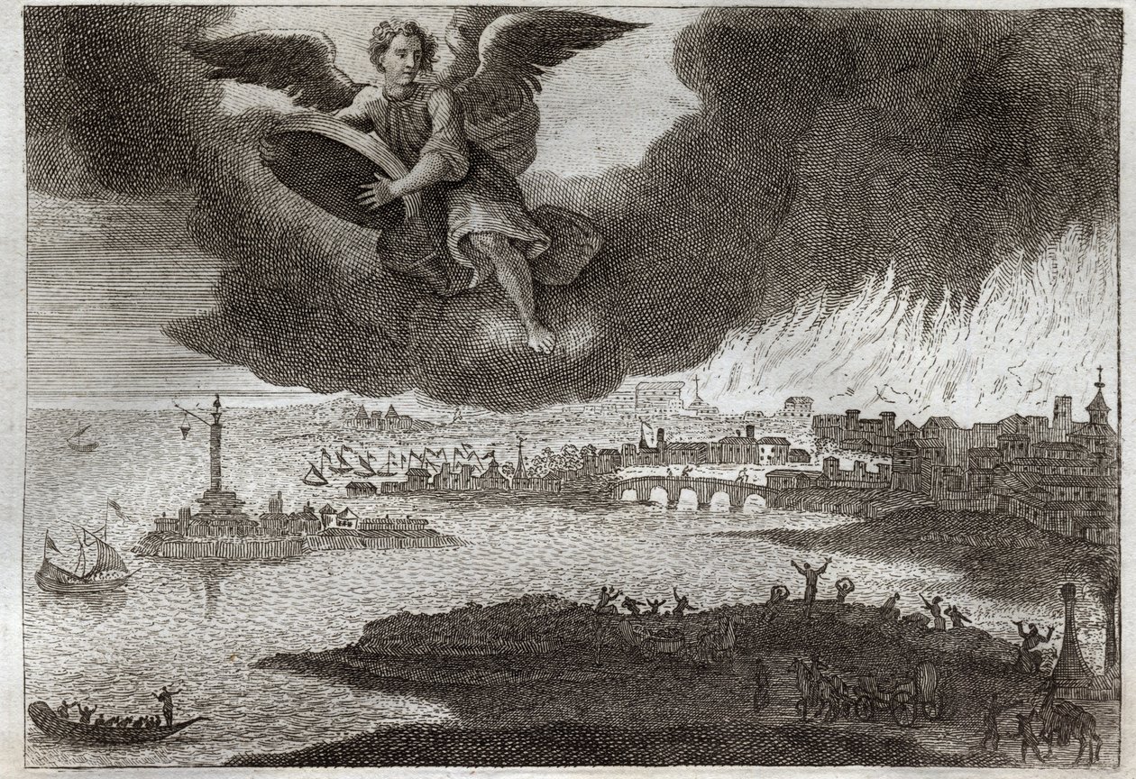 Bibbia di Royaumont, Nuovo Testamento: Rovina di Babilonia. Babilonia in fiamme, un angelo getta una pietra nel mare, simbolizzando la distruzione di questa città durante l