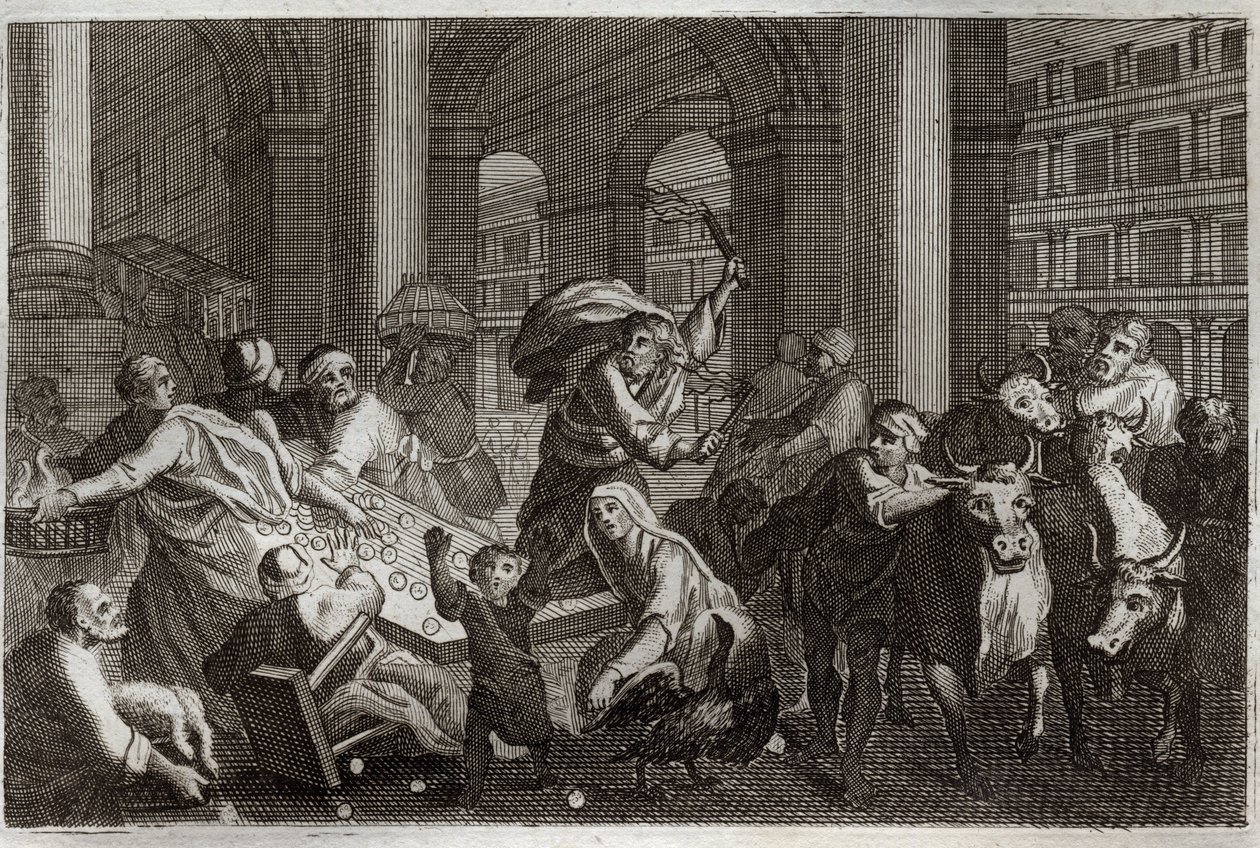 Bibbia di Royaumont, Nuovo Testamento: Cacciata dei venditori dal Tempio. Gesù Cristo scaccia dal Tempio coloro che lo profanavano con il commercio. Illustrazione del 1811. da Unknown artist