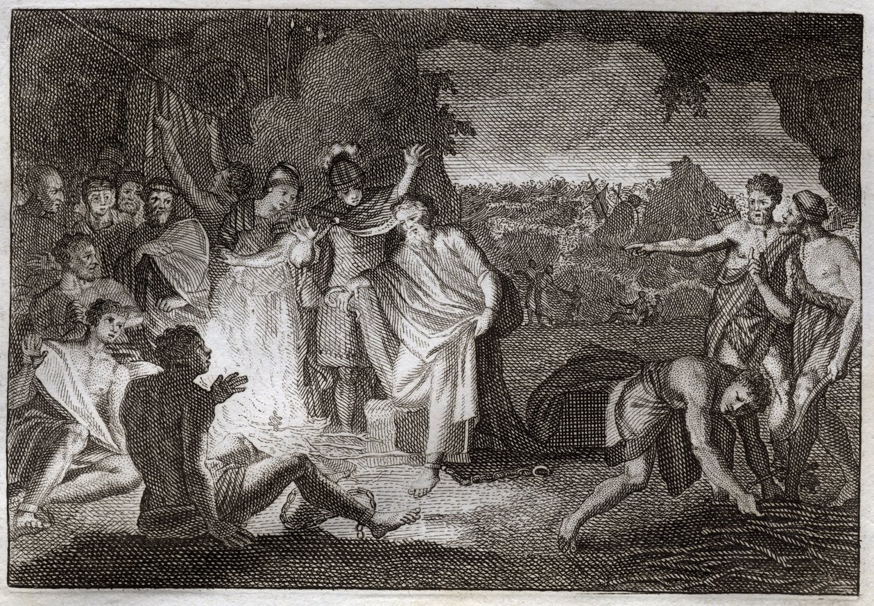Bibbia di Royaumont, Nuovo Testamento: Naufragio di San Paolo. Viene morso da una vipera senza subire alcun danno. Illustrazione del 1811. da Unknown artist