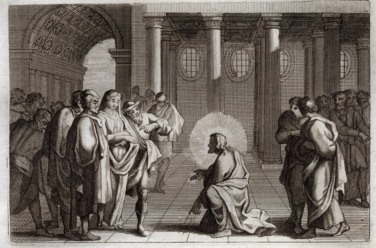 Bibbia di Royaumont, Nuovo Testamento: La donna adultera. Gesù Cristo si sottrae divinamente alle trappole che i Giudei gli tendono, chiedendogli cosa fare di una donna sorpresa in adulterio, dicendo: "Chi di voi è senza peccato scagli la prima pietra". Il da Unknown artist
