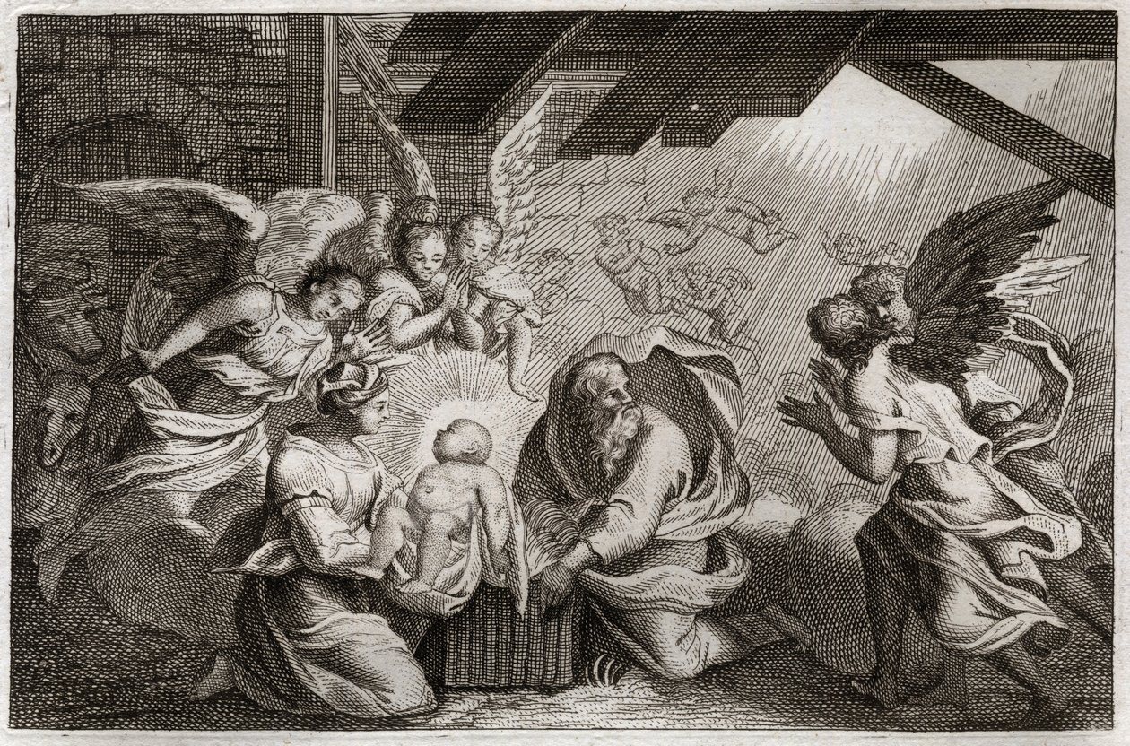 Bibbia di Royaumont, Nuovo Testamento: La Natività. Gesù Cristo nasce dalla Beata Vergine Maria in una stalla a Betlemme. Illustrazione del 1811 da Unknown artist