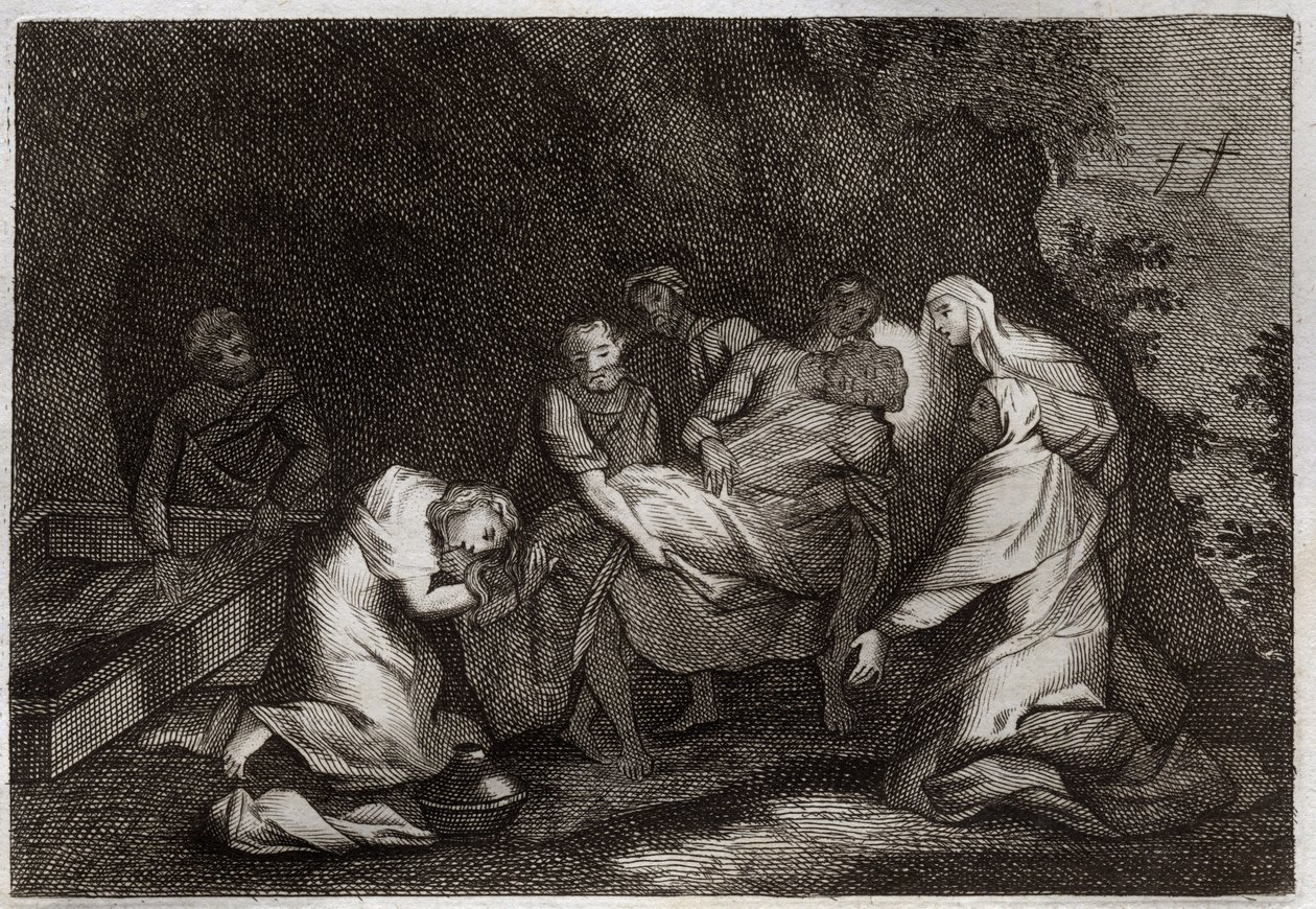 Bibbia di Royaumont, Nuovo Testamento: Sepolcro. Sepolcro di Gesù Cristo. Tra i personaggi che circondano il corpo di Gesù Cristo: la Vergine Maria, San Nicodemo, San Giuseppe d