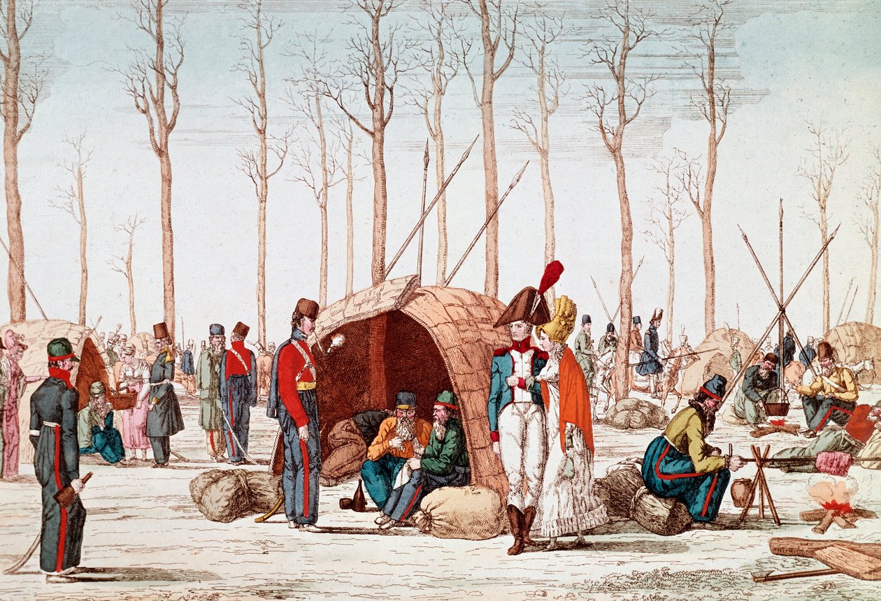 Soldati russi accampati sugli Champs-Elysees, Parigi, Francia, 31 marzo 1814 (incisione) da Unknown artist