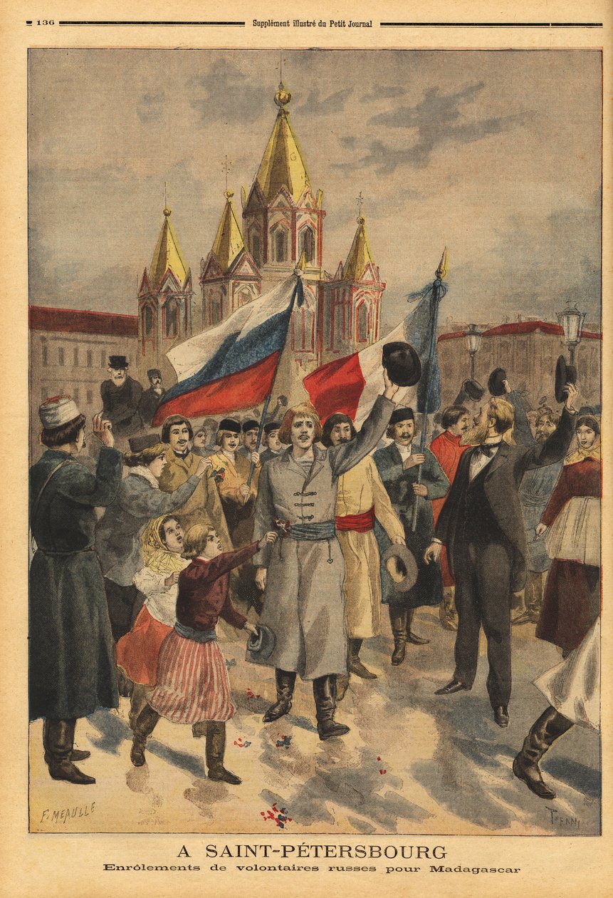 Volontari russi a San Pietroburgo per la spedizione francese in Madagascar. Incisione in “Le petit journal” 28/04/1895. Collezione Selva da Unknown artist