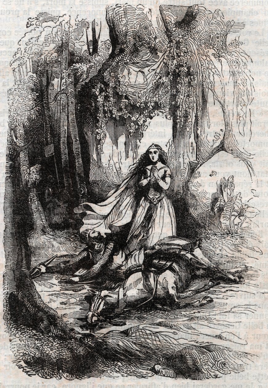 Sacripante disarcionato in presenza di Angelica - incisione del 1851 da "Orlando furioso" (XVI secolo) di Ludovico Ariosto, noto come l