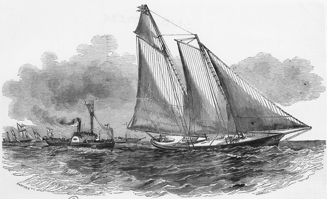 Vela: America alle regate di Cowes prendendo la testa della gara - incisione, Bibl. des arts deco da Unknown artist