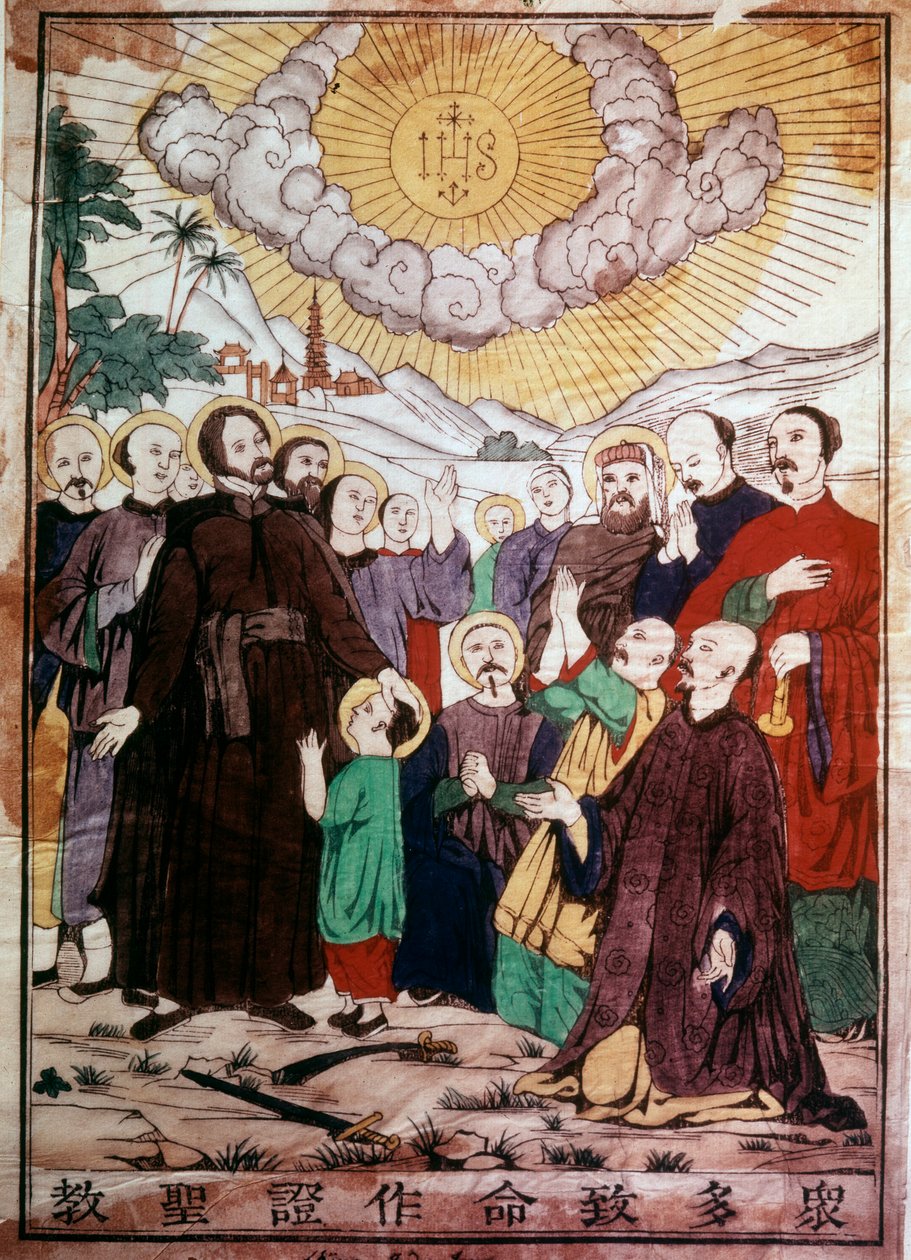 San Francesco Saverio evangelizza i cinesi sotto la protezione di Cristo in Cina. Incisione del XIX secolo da Unknown artist