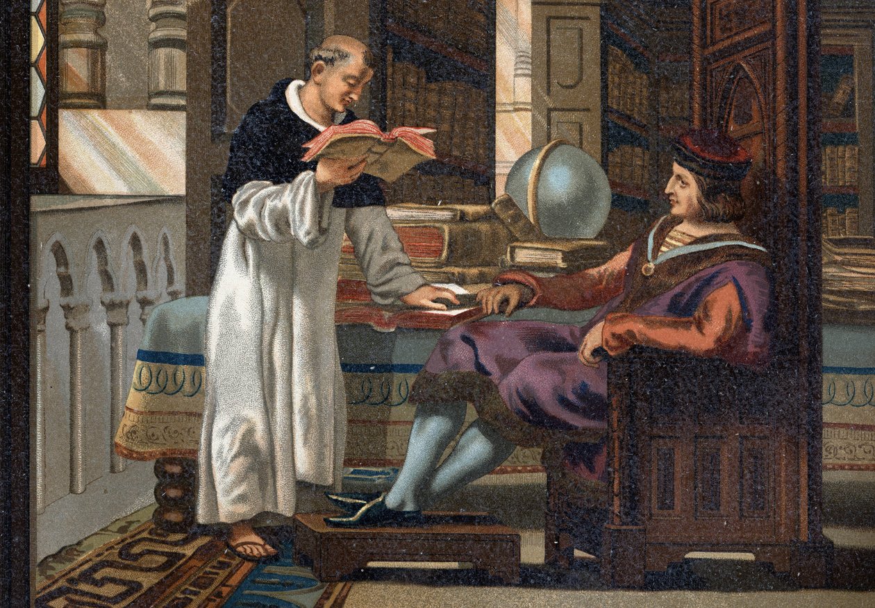 San Luigi (1214-1270), re di Francia, e il suo consigliere San Vincenzo di Beauvais (ca. 1190-1264), dopo "La Ciencia y sus Hombres par Louis Figuier". Barcellona 1881 da Unknown artist