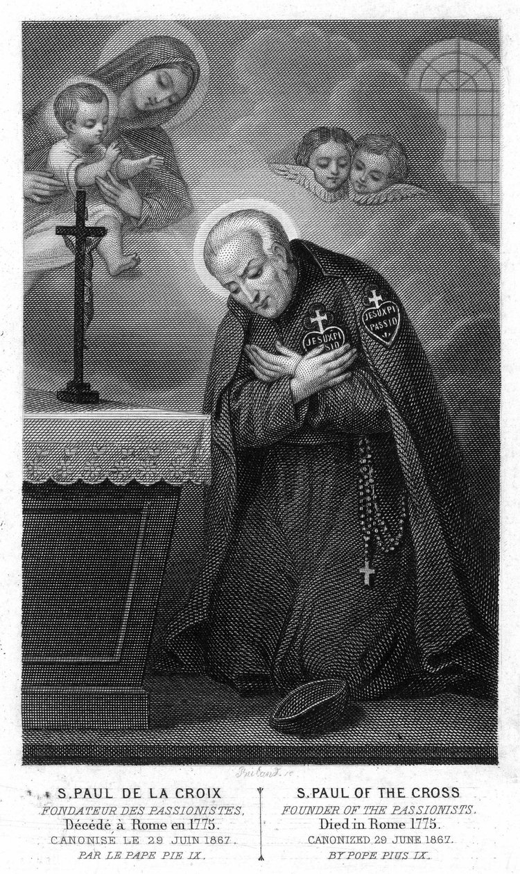 San Paolo della Croce, fondatore dei Passionisti deluso a Roma nel 1775, canonizzato il 29 giugno 1867 da Papa Pio IX. Incisione del XIX secolo. da Unknown artist