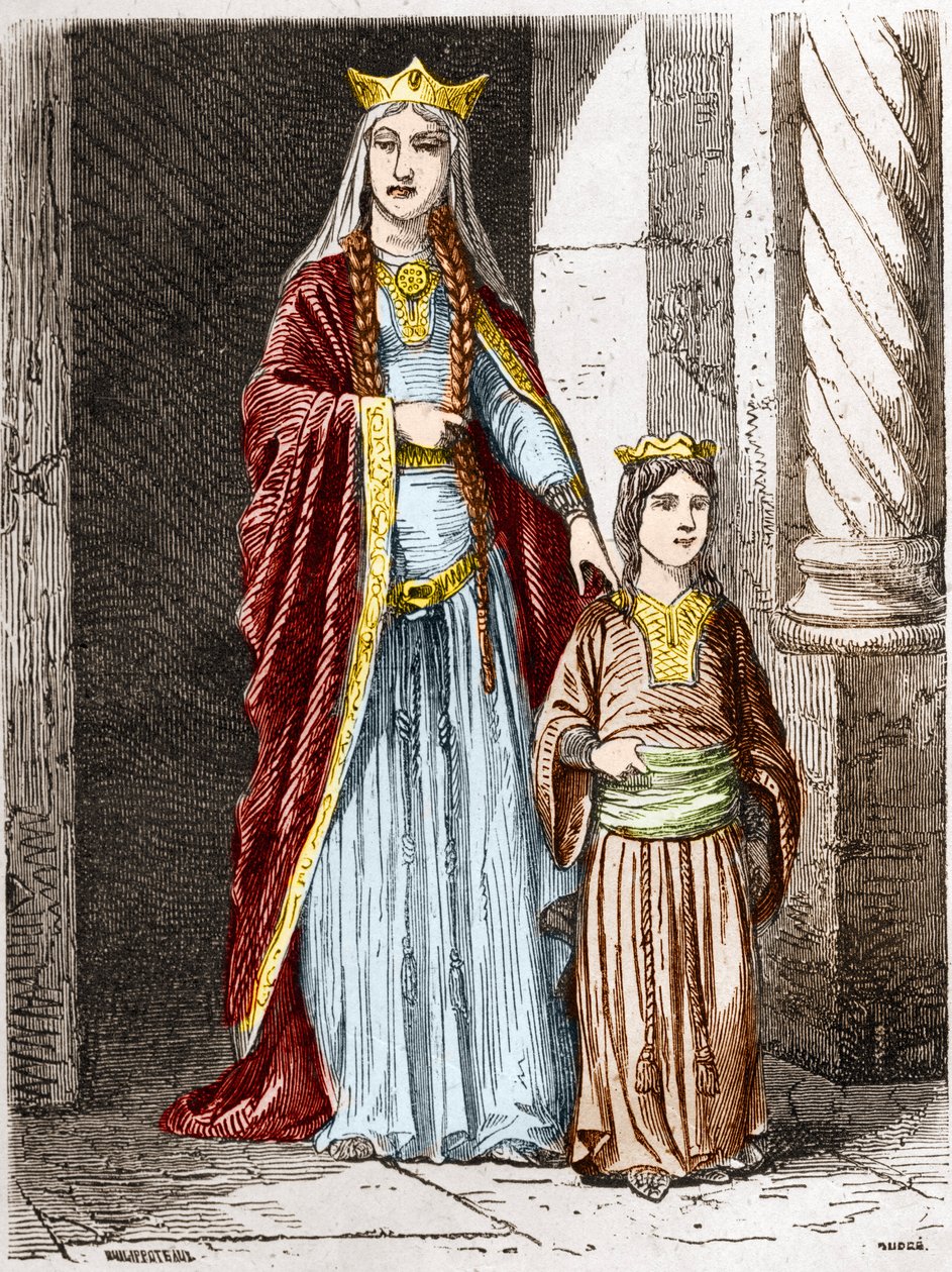 Santa Batilde (o Batilde, Bathylle, Beaudour) (626-680), regina dei Franchi con Clotario. Incisione in "Histoire De France En Cent Peintures di Paul Lehugeur" 1891 da Unknown artist