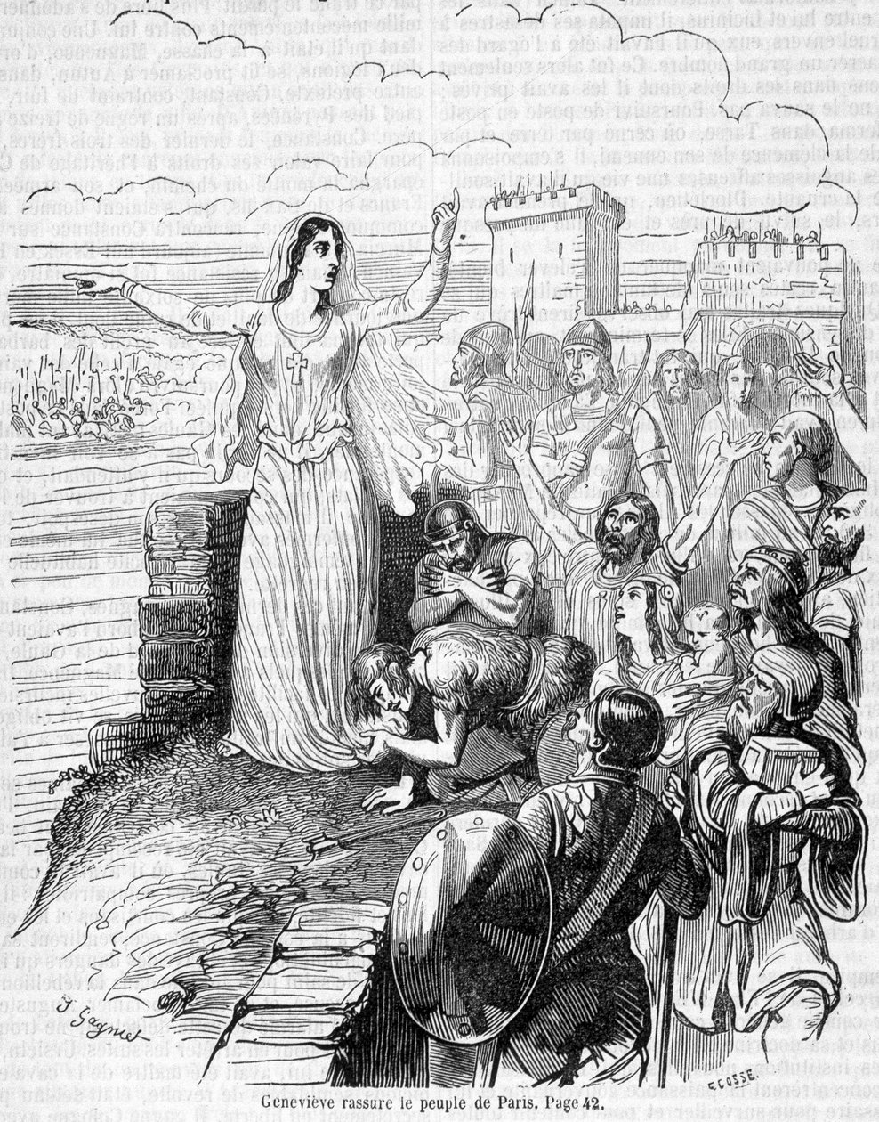 Santa Genoveffa, organizza la difesa di Parigi contro le orde di Attila e rassicura il popolo di Parigi - in "Histoire de France" di Anquetil da Unknown artist