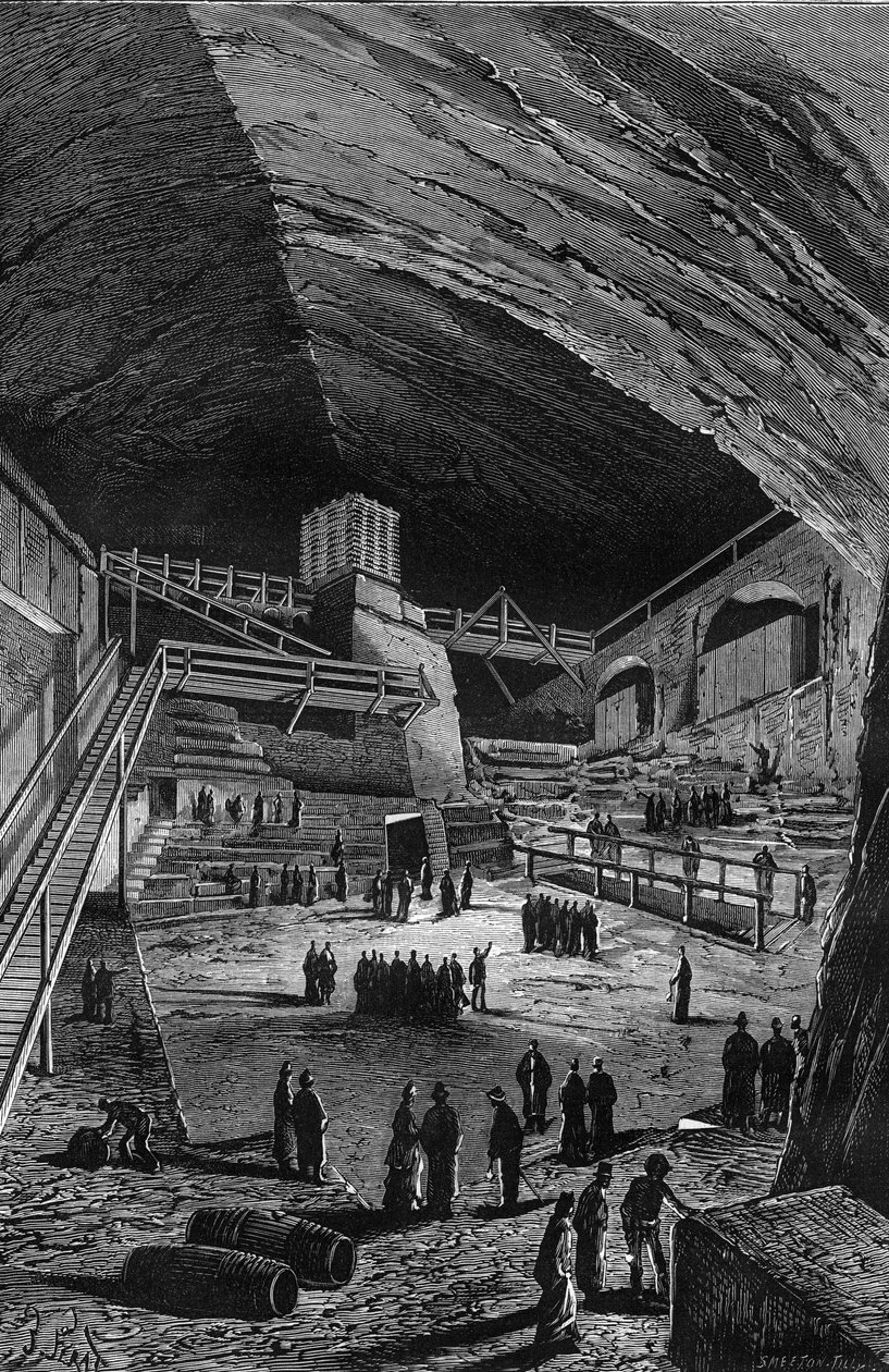 Miniere di sale di Wieliczka, Polonia. Incisione in 