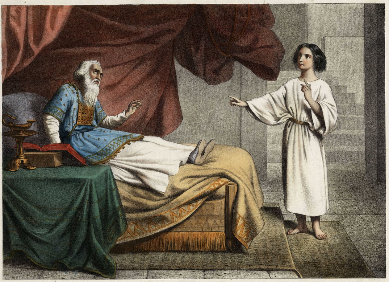 Samuele, che sente la voce del Signore chiamarlo nel mezzo della notte, pensa che sia il suo mentore, il sommo sacerdote Eli. Incisione anonima della metà del XIX secolo da Unknown artist