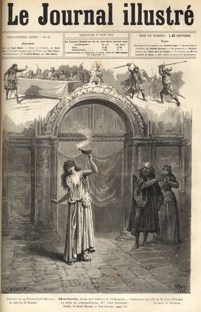 Sarah Bernhardt: Lady Macbeth in "Macbeth", dramma di Shakespeare, adattato da Jean Richepin - Teatro de la Porte Saint-Martin - incisione in "Le Journal Illustré" del 1884 da Unknown artist
