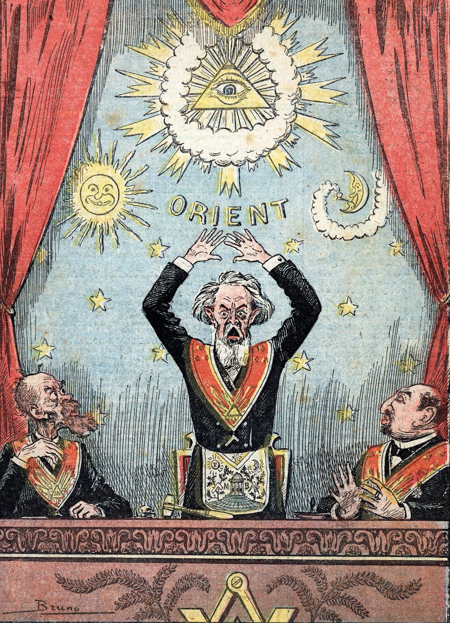 Rappresentazione satirica di una loggia di massoni, il Gran Maestro circondato da simboli massonici si agita furiosamente nella sua loggia) Caricatura da "Le pelerin" 23/06/1912 Collection privee da Unknown Artist